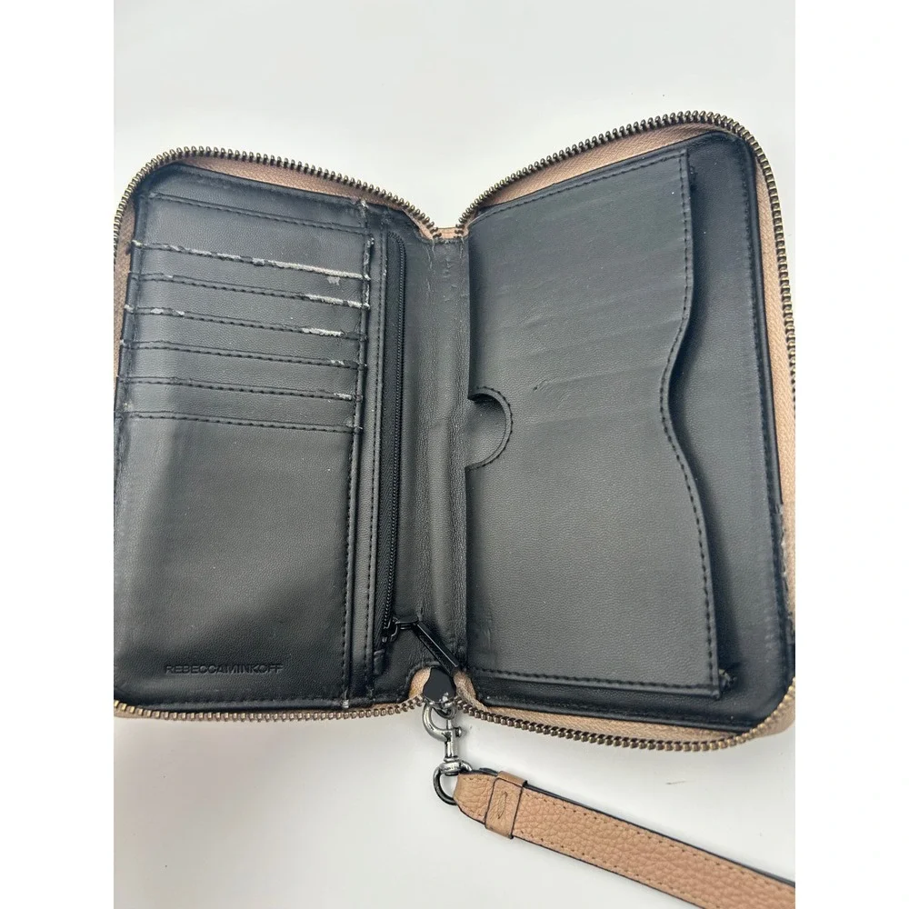 Rebecca Minkoff Avery Pebbled Leather Zip Around Wristlet Wallet Tan Gunmetal